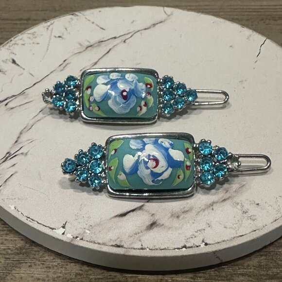 Source Unknown Accessories - EUC Vintage Hairclip Set Blue Green & White